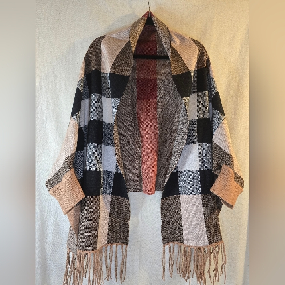 Open Front Sweater - Black, White, Tan